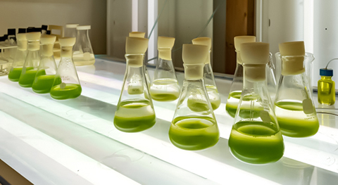 A group of beakers filled with green liquid sits on a table in a lab.